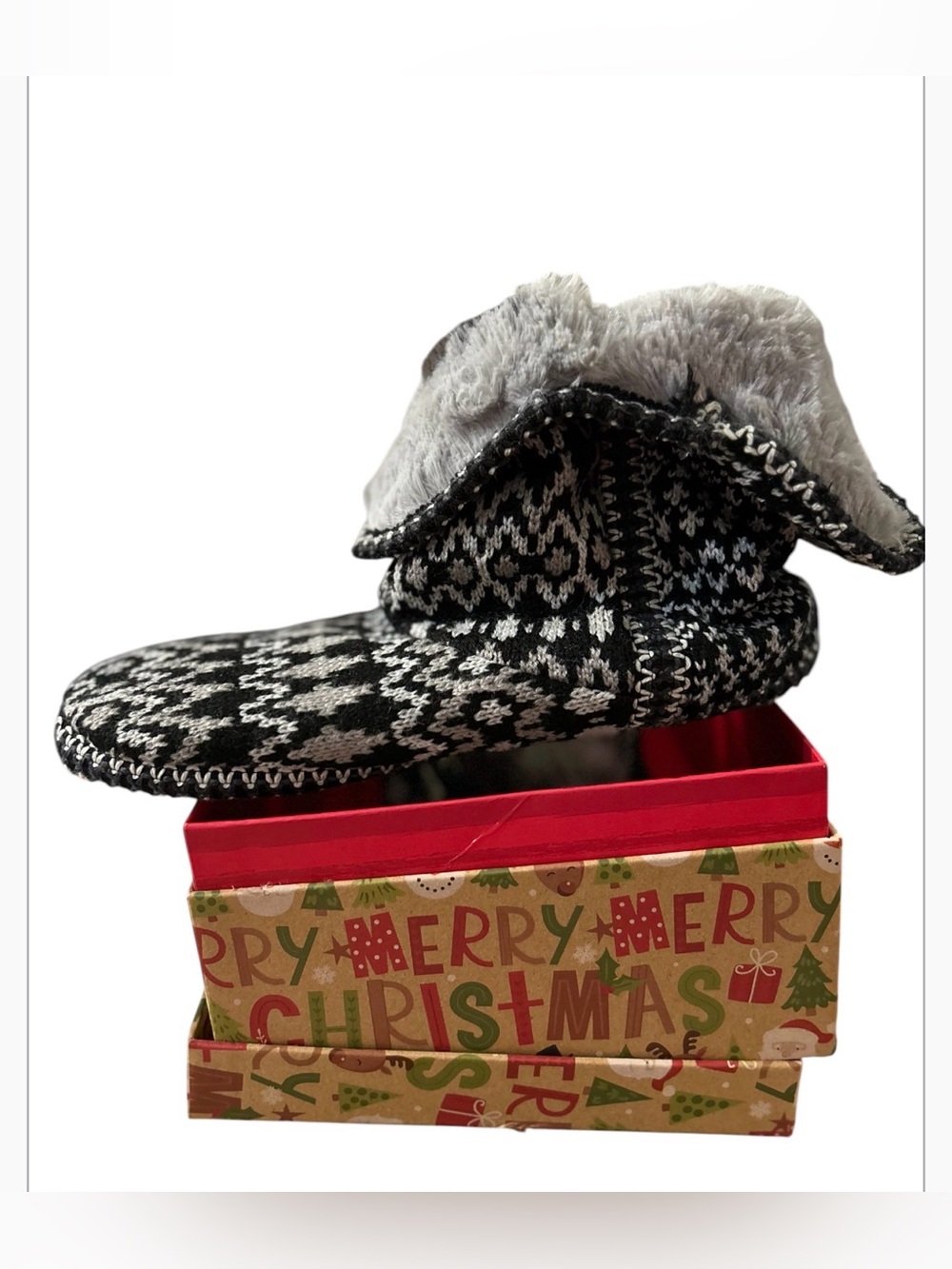 NWT Dearfoams Cozy Knit Fleece-Lined Slipper Boot - Black & Gray